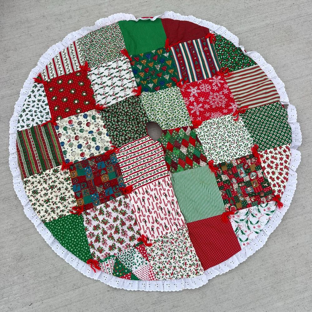 Vintage 80s Christmas Tree Skirt Patchwork Scrap Red Green Round Tie Quilted 40"